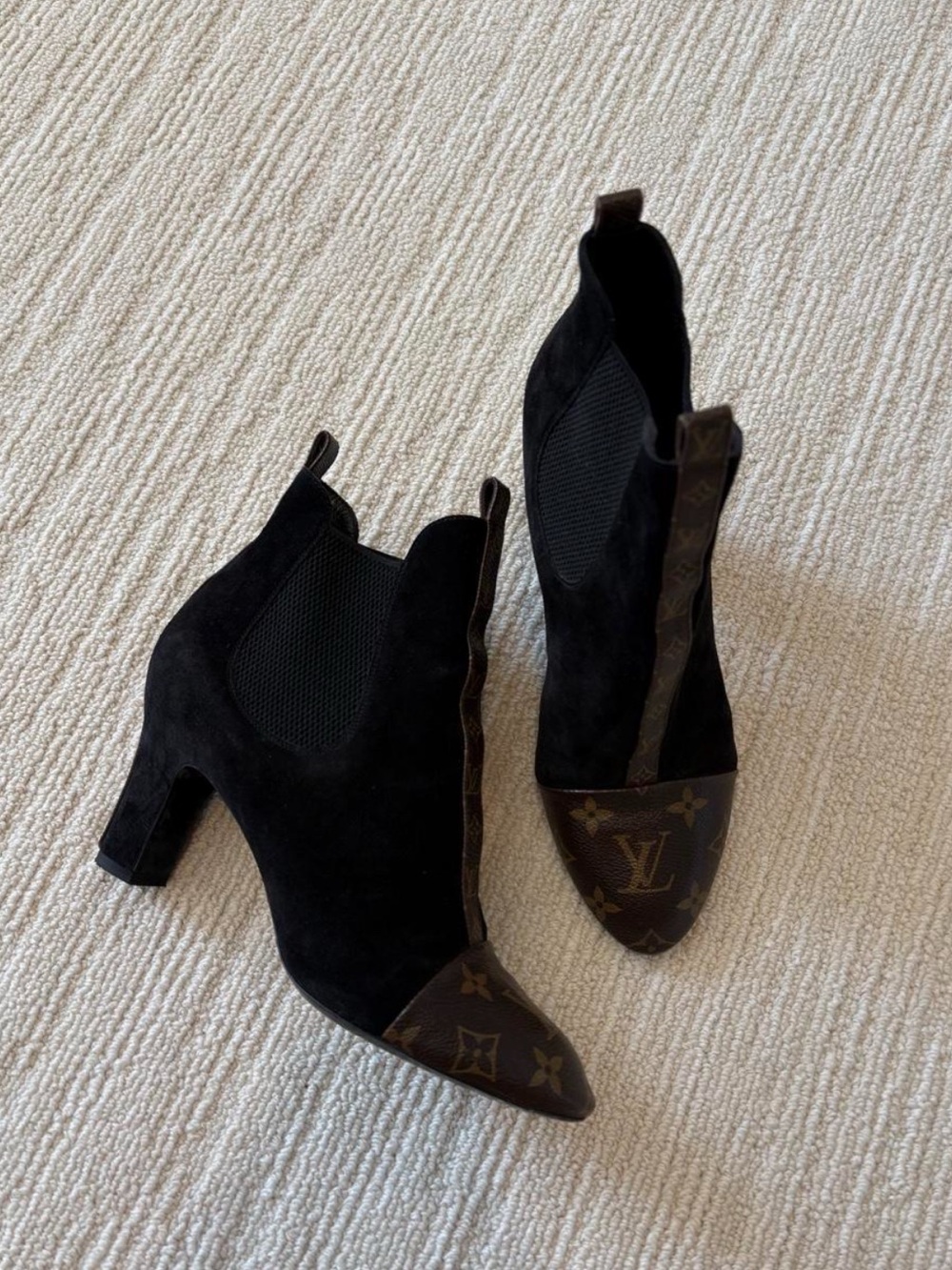 Louis Vuitton Black Suede Ankle Boots with Monogram Leather Cap Toe